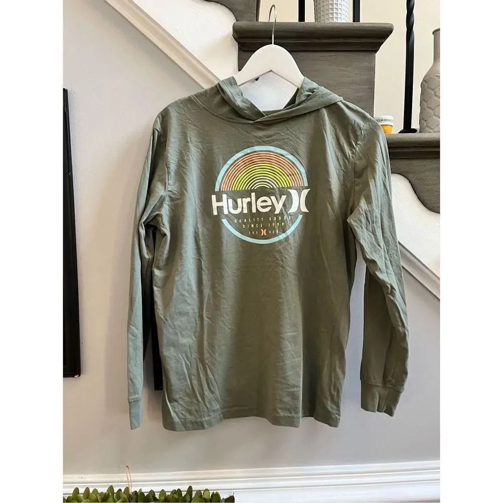 Hurley Green Long Logo Sleeve Hooded T-Shirt sz XL